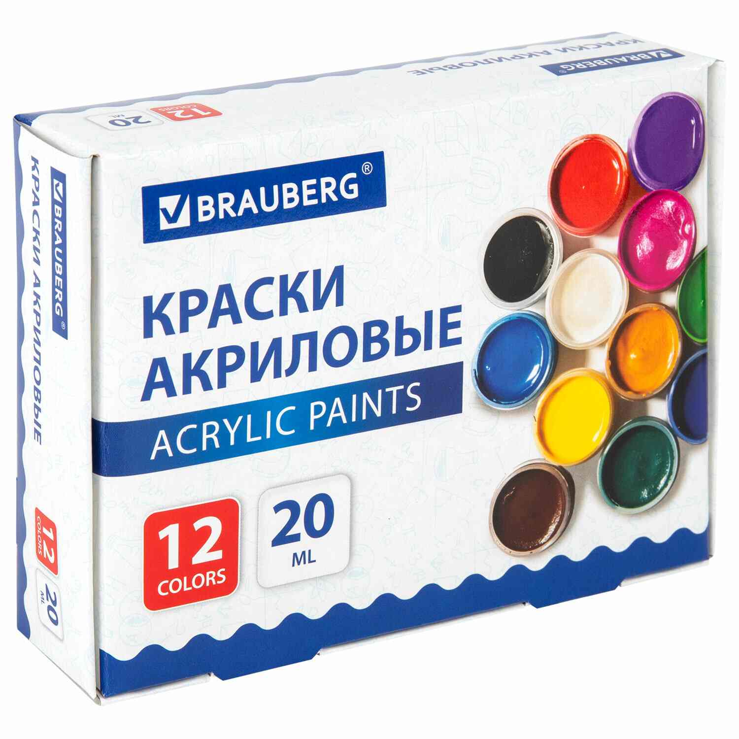 картинка Краски акриловые, 12 цв, 12 шт по 20 мл, BRAUBERG, 192564 от магазина Альфанит в Кунгуре