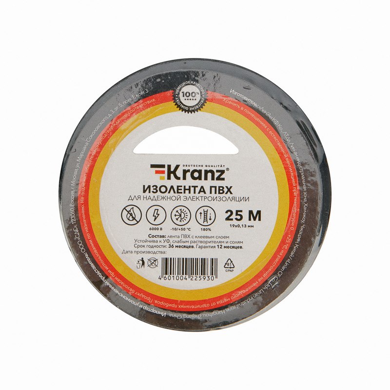 картинка Изолента 19мм*25м, 0,13 мм, ПВХ, черный, Kranz, KR-09-2206 от магазина Альфанит в Кунгуре