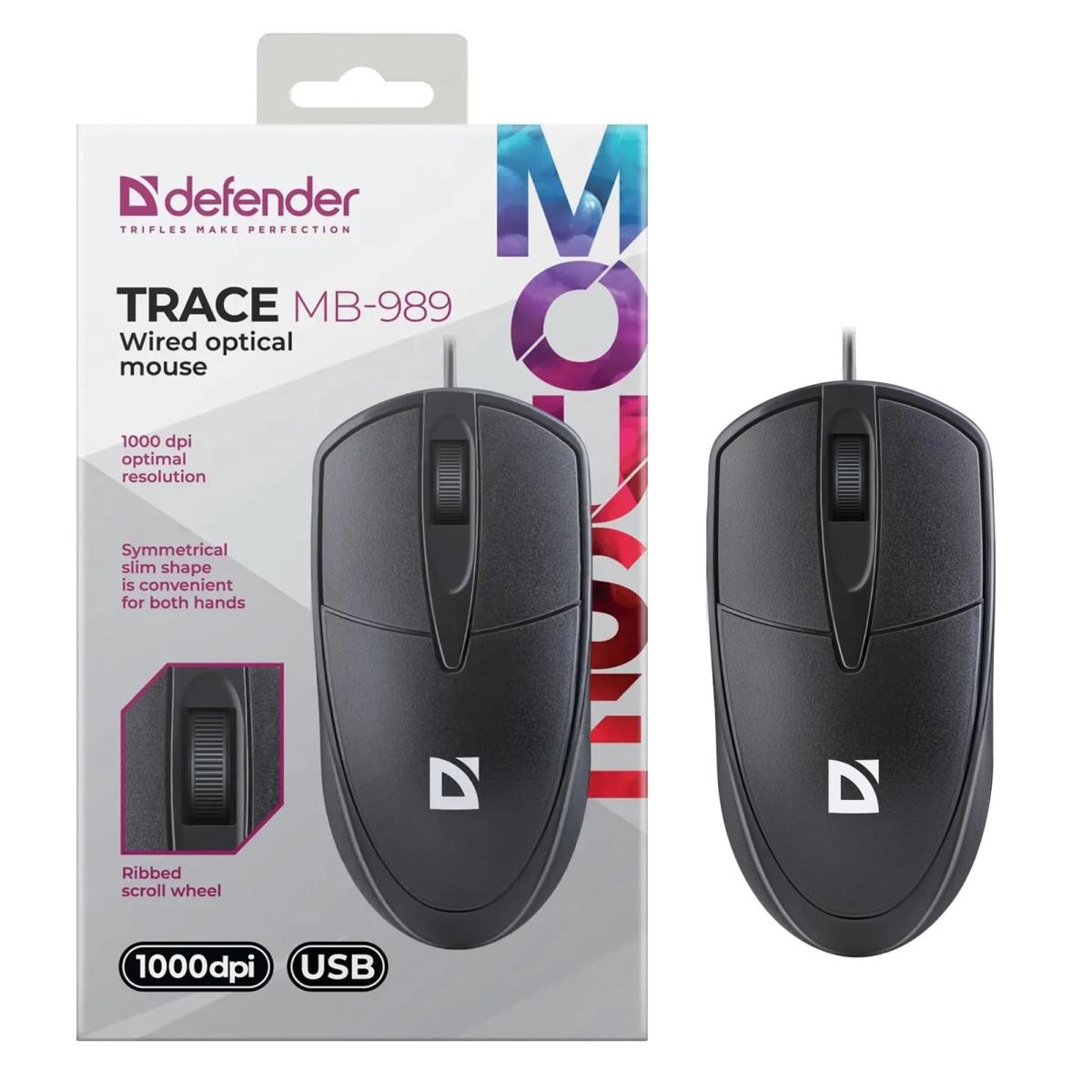картинка Мышь проводная Defender Trace MB-989, 1000 dpi, USB, черный, 52989 от магазина Альфанит в Кунгуре
