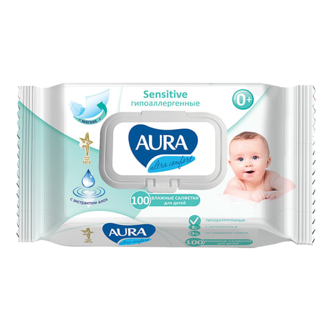 картинка Салфетки влажные детские, 100 шт, крышка-клапан, "Ультра комфорт", AURA, 127500 от магазина Альфанит в Кунгуре