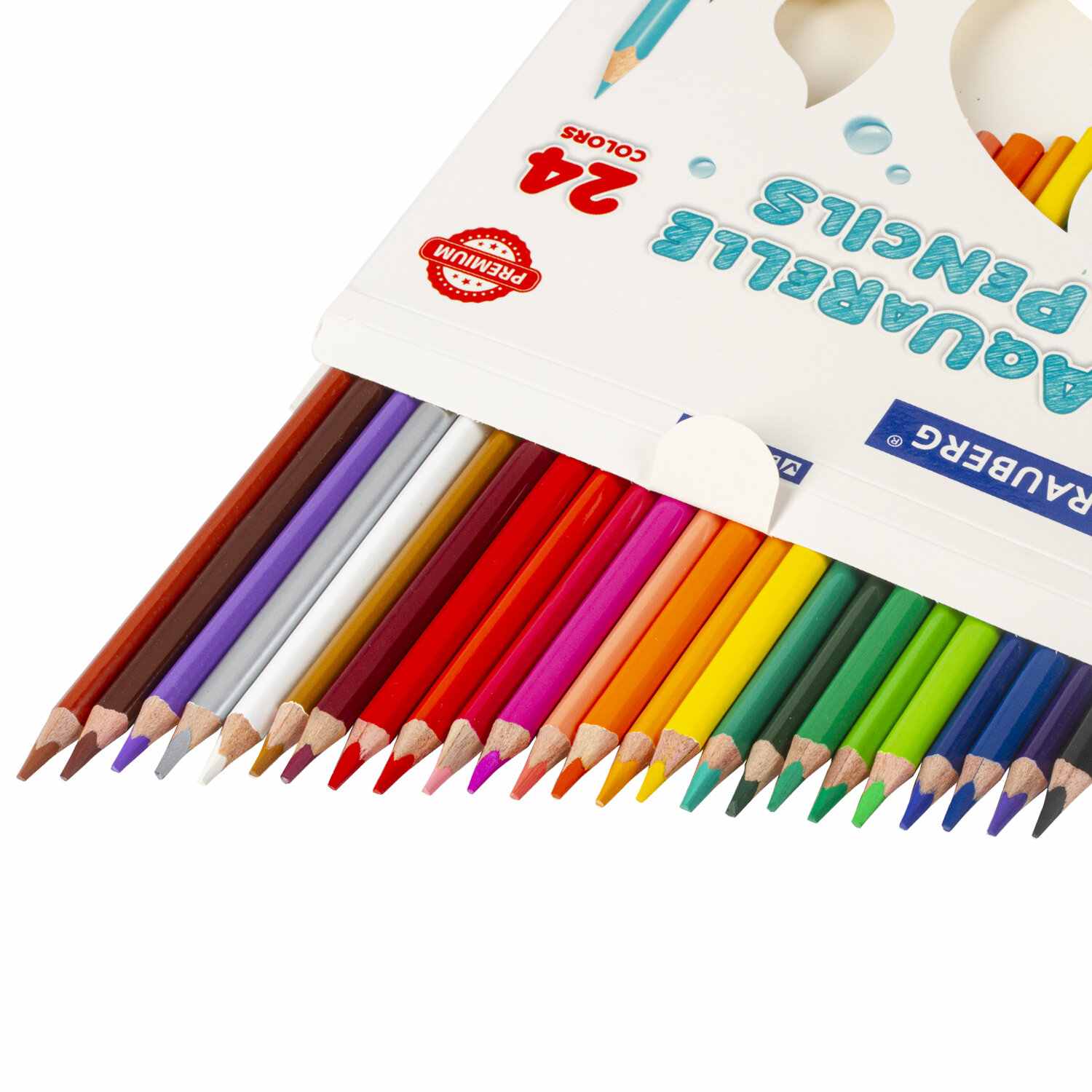 картинка Карандаши цветные акварельные, 24 цв, 24 шт, дерево, "Premium Aquarelle", BRAUBERG, 181673 от магазина Альфанит в Кунгуре