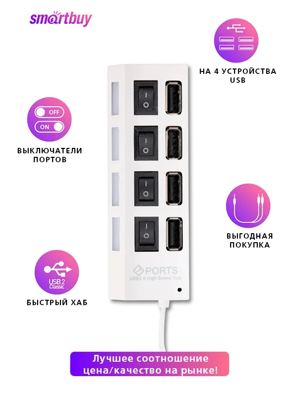 картинка Разветвитель SmartBuy SBHA-7204-W, USB, 4 порта, белый, с выключателями от магазина Альфанит в Кунгуре