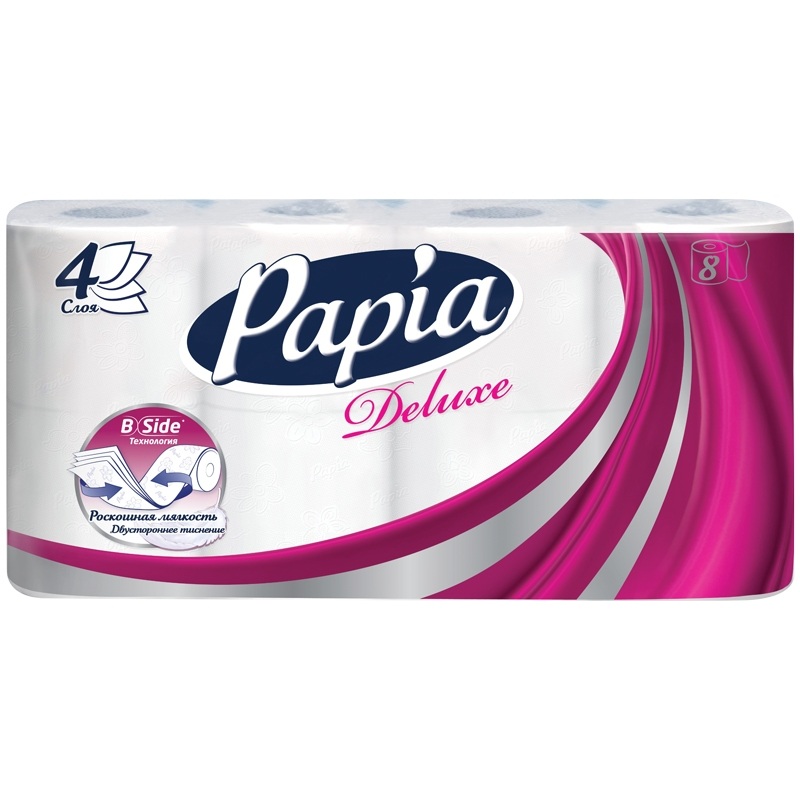 картинка Бумага туалетная, 8 шт, 4 слоя, "Papia", Deluxe от магазина Альфанит в Кунгуре