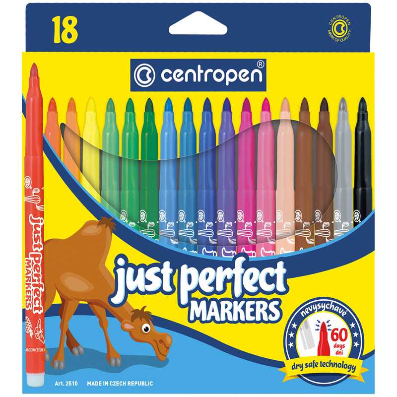 картинка Фломастеры, 18 цв, 18 шт, трехгранный корпус, смываемые, "Just Perfect", CENTROPEN, 7 2510 1801/7 2510 1885 от магазина Альфанит в Кунгуре