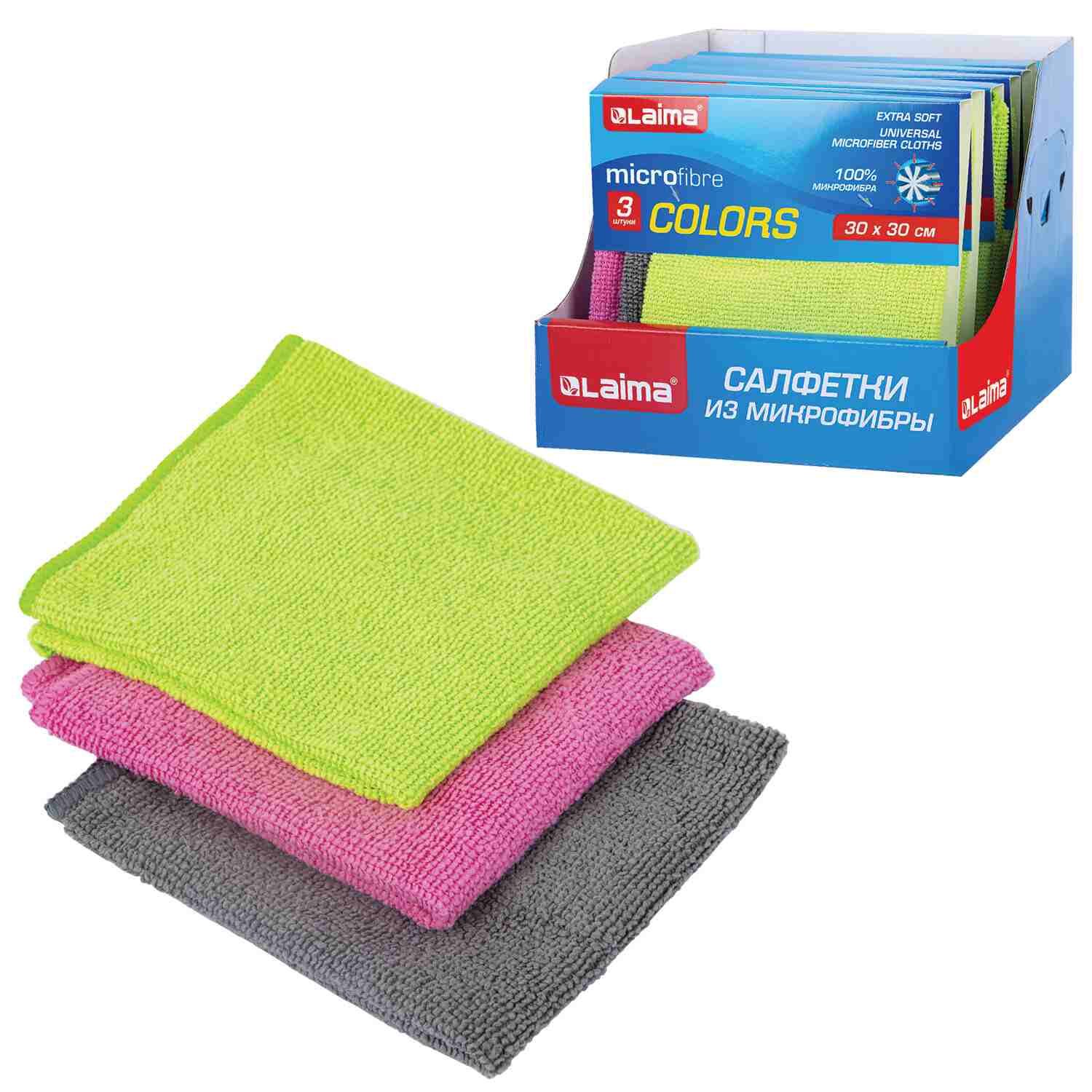картинка Салфетки из микрофибры, 3 шт, 30*30 см, 180 г/м2, ассорти, LAIMA, 700054 от магазина Альфанит в Кунгуре