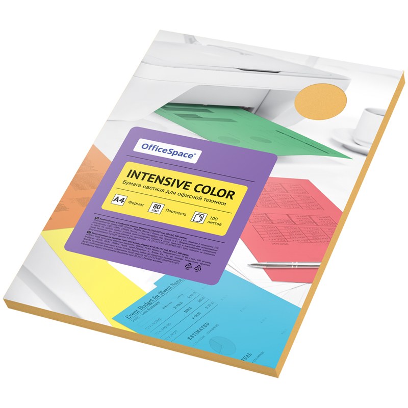 картинка Бумага офисная цветная, А4, 100 л, 1 цв, 80 г/м2, оранжевый, "Intensive Color", OfficeSpace, IC_3822 от магазина Альфанит в Кунгуре