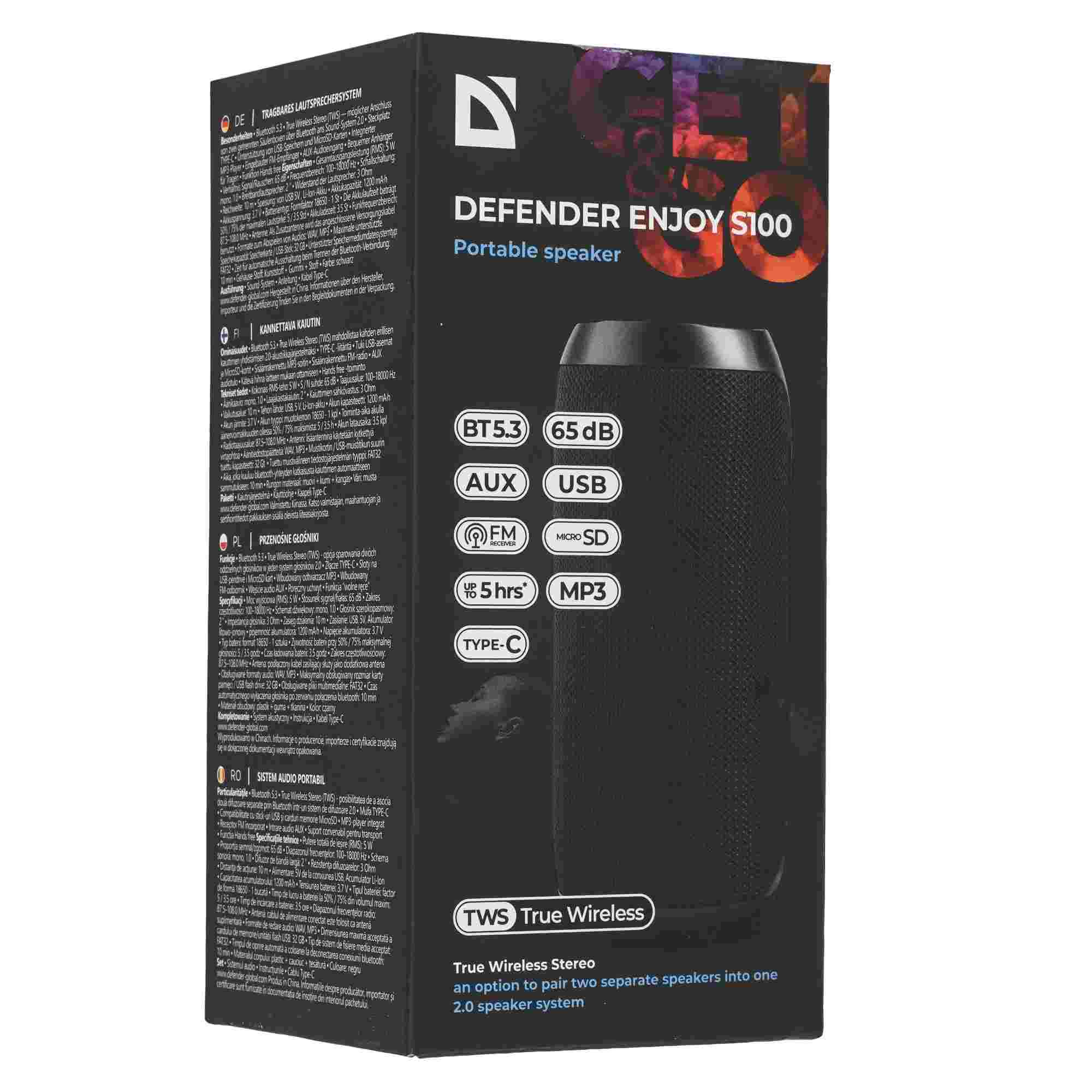 картинка Портативная колонка Defender Enjoy S100, 5Вт, 1200мАч, Bluetooth, USB, радио, microSD, черный, 65101 от магазина Альфанит в Кунгуре